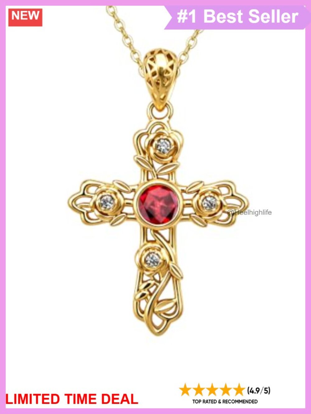 18K Gold Plated Filigree Rose Cross Pendant Necklace Cubic Zirconia